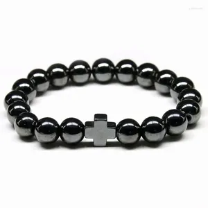 Lien Bracelets Santé Énergie Élastique Nature Magnétique Hématite Bracelet 10MM Perle Ronde Avec Grand Bracelet Croix Pour Hommes Bijoux Cadeau De Fête