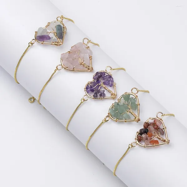 Bracelets à maillons en forme de cœur, arbre de vie, cristal fluorite, Quartz Rose, puces en pierre, boule coulissante en laiton réglable