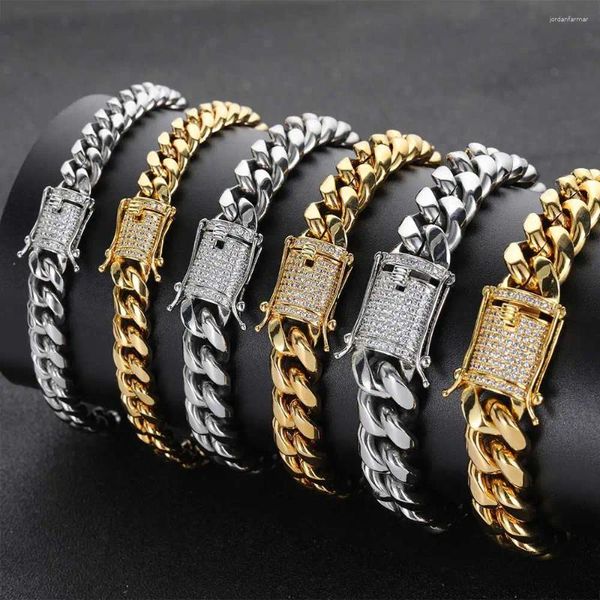 Bracelets liens bracelet miami en acier inoxydable lourd 6 mm-16 mm plaqué avec des bijoux hip hop clasm de fermoir CZ pour hommes femmes