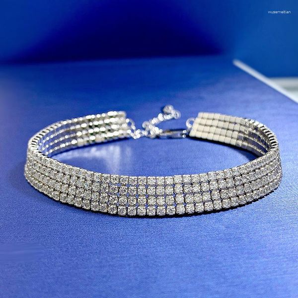 Bracelets à maillons en diamant à haute teneur en carbone, à quatre rangées, pour Couple, plaqué argent pur, or blanc 18 carats, beau et Simple