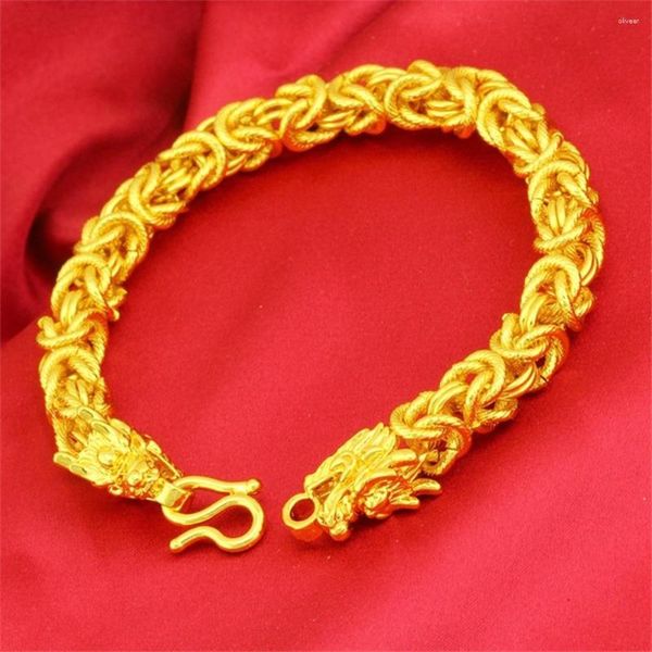 Pulseras de eslabones Hip Hop Hombres Pulsera Cadena Amarillo Oro Lleno Sólido Guapo Joyería Masculina con Cabeza de Dragón