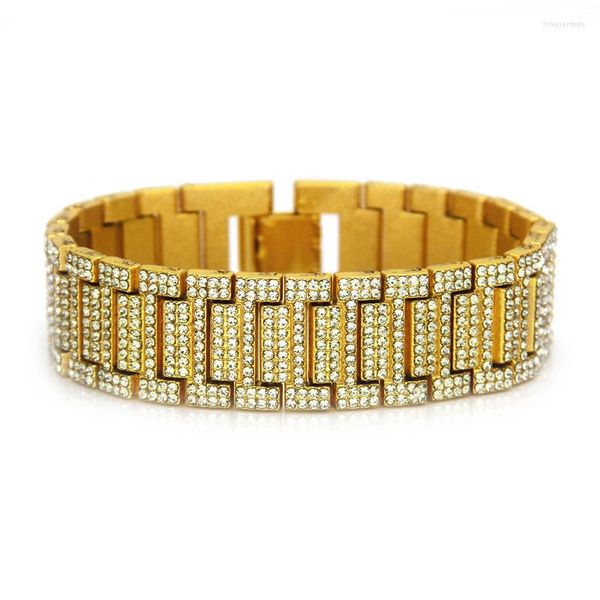 Pulseras de eslabones Hip Hop diamantes de imitación pavimentados Bling Iced Out Watch Band hombres oro plata Color cadena brazalete masculino rapero joyería