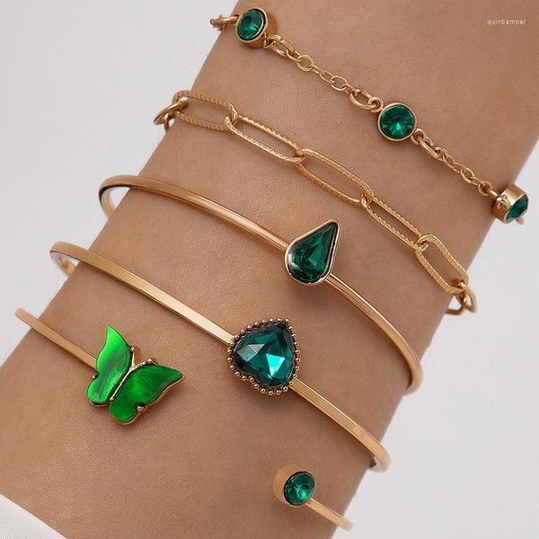 HuaTang – Bracelets à maillons incrustés de papillons, ensemble de cinq pièces, Imitation goutte d'eau émeraude, combinaison multi-pièces S