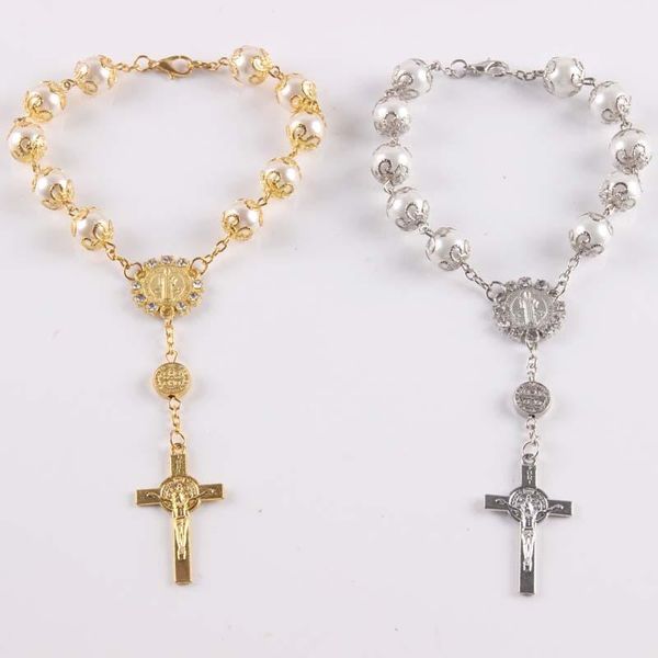 Bracelets à maillons Perles d'imitation 10 mm Torus Rosaire Catholique Sainte Communion Coupe Croix Crucifix Embellissement Pendentifs Bracelet Alliage