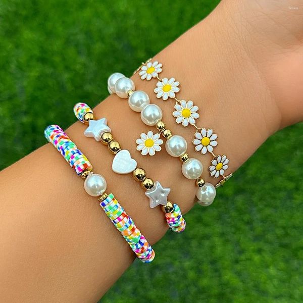 Pulseras de eslabones IngeSight.Z 4 unids/set, pulsera de flores acrílicas de arcilla suave de colores bohemios, conjunto de perlas de imitación de estrella de corazón Retro para mujer