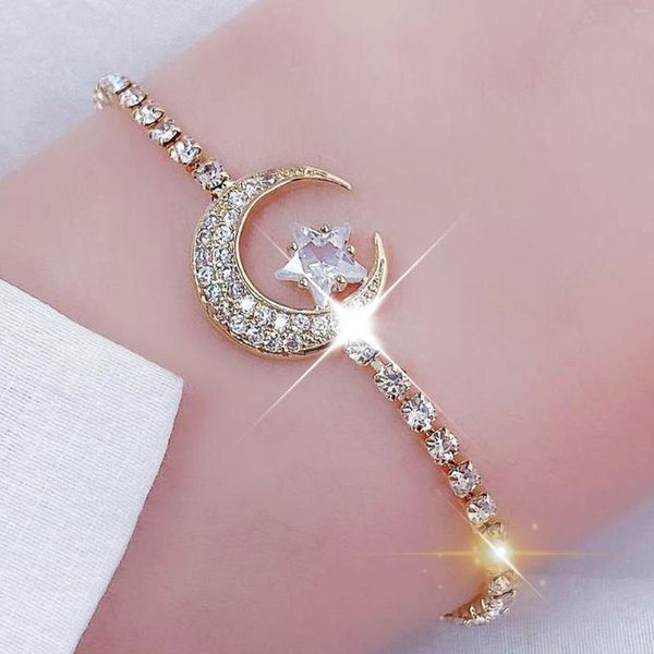 Lien Bracelets Ins 14k véritable plaqué or Micro incrusté brillant Zircon Bracelet lune étoiles mode exquis accessoires cadeau