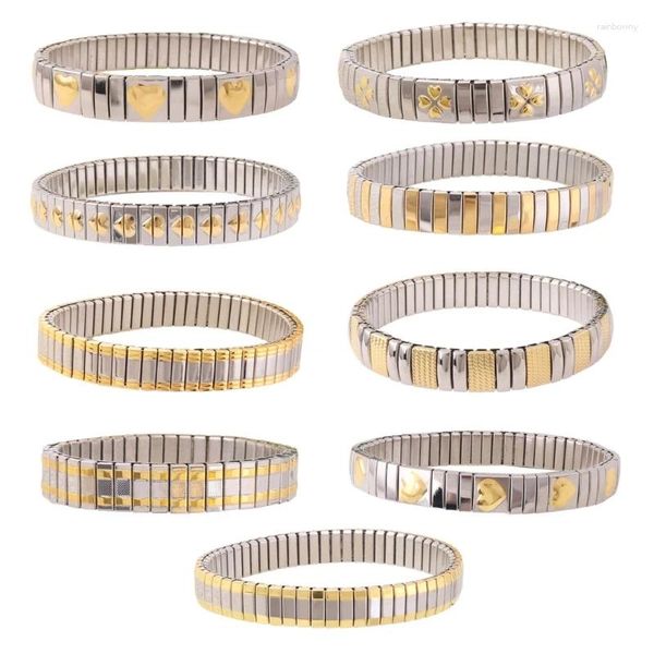 Bracelets à maillons en acier inoxydable pour femmes, bijoux extensibles, larges et flexibles, décorés de motifs dorés