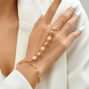 Link armbanden klg goud kleur metaal imitatie parel kralen verbonden armband charme geometrische ketting vingerringen voor vrouwelijke geschenken