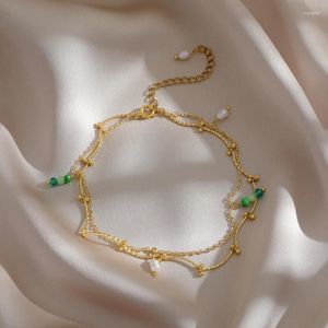 Pulseras de eslabones Moda coreana Pulsera con colgante de perlas de piedra natural para mujer Exquisito brazalete de acero inoxidable Accesorios de joyería Regalo