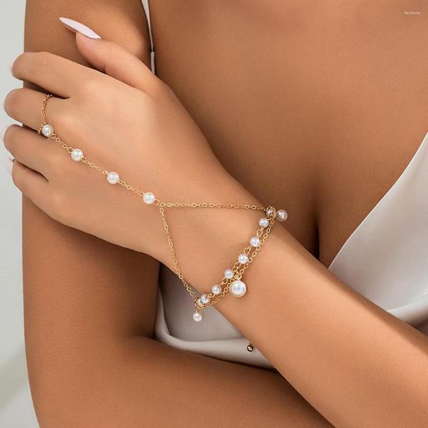 Pulseras de enlace KPOP IMITACIÓN MUCHA CAPA CADENA PERLA CON LIBRA CONECCIONADA Mujeres Mujeres de la mano de la mano Bridal Pulseras Joyas de pareja