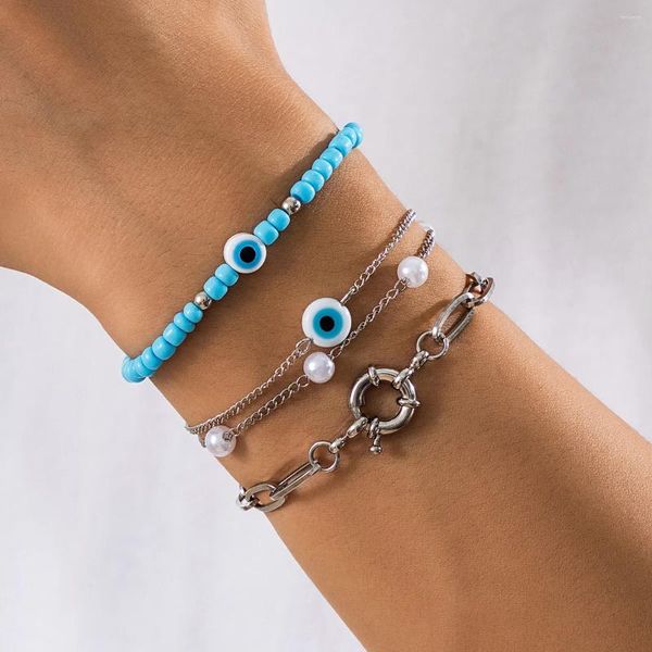 KunJoe – ensemble de bracelets à maillons pour hommes, 4 pièces/ensemble, perles de riz bleues, Imitation de perles, Punk, couleur argent, chaîne croisée, bijoux de fête