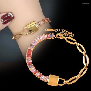 Lien Bracelets LEEKER 316L En Acier Inoxydable Or Couleur Serrure Bracelet Pour Femmes Carré Cubique Zircone De Mode Bijoux Parti Accessoires 527