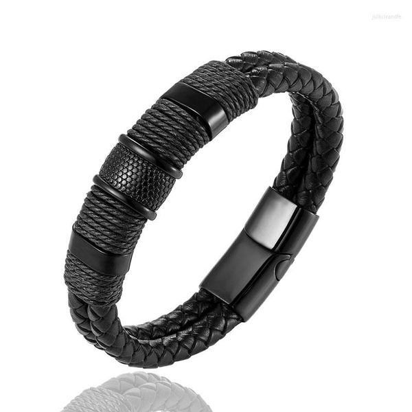 Pulseras de eslabones Pulsera de hombre de moda de ocio Negro Cuero genuino Tejido a mano El brazalete Cadena de cuerda Cierre magnético de acero inoxidable