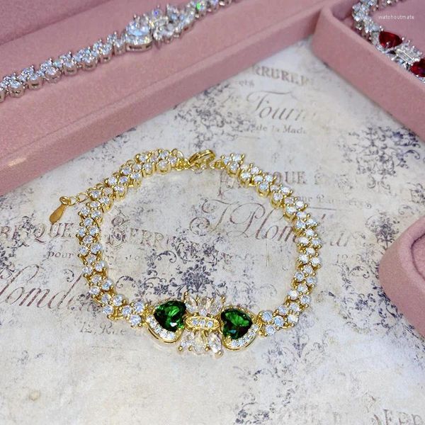 Bracelets à maillons Lihua italien léger luxe rétro fait à la main Zircon pointe verte Bracelet plaqué or 18 carats
