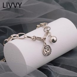 LIVVY – Bracelets à maillons couleur argent, chaîne Punk Vintage pour femmes, pendentif de Portrait géométrique tendance, bijoux de fête faits à la main