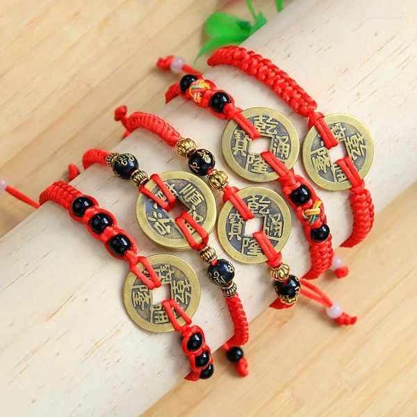 Pulseras de eslabones Lucky Five Emperor Money Moneda de cobre real Trenzado Cuerda roja Pulsera Charm Hombres y mujeres Joyería de buena suerte