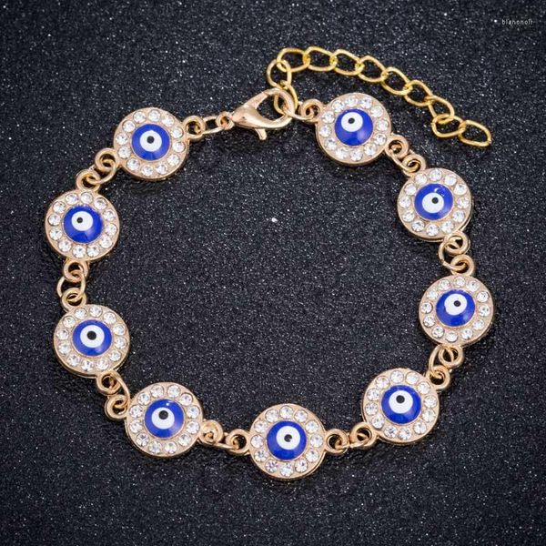 Bracelets à maillons porte-bonheur turc mauvais œil bleu pour femmes, perle de cristal, chaîne en or, bijoux cadeaux pour petite amie, 2023
