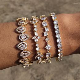 Pulseras de eslabones Cristal de lujo Gota de agua Corazón Pulsera de tenis Chapado en oro Zirconia cúbica Mujer Brazalete de fiesta de boda Regalos de joyería