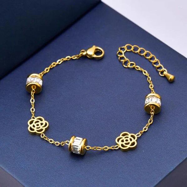 Pulseras de eslabones Diseño de lujo Acero inoxidable Color dorado Flor Zircon Charm Pulsera para mujer Moda Damas Brazaletes Joyería Regalo de cumpleaños