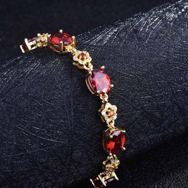 Pulseras de eslabones de lujo color dorado manos cadena joyería encanto nupcial rojo granate piedra pulsera para mujeres compromiso traje de boda