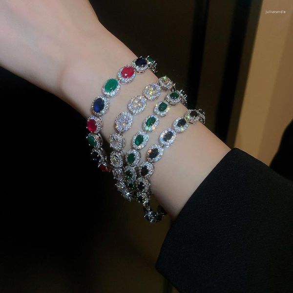 Bracelets à maillons de luxe multicolores ovales en zircone cubique pour femmes, Bracelet en cuivre plaqué or véritable, bijoux de fête pour dames