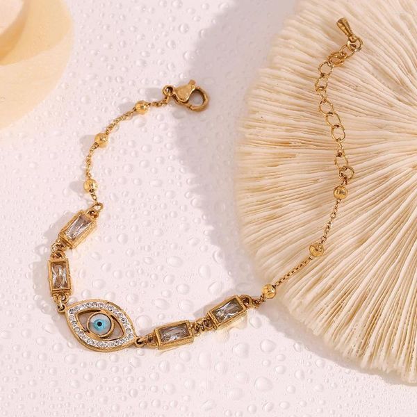 Link Bracelets Luxury Oblong Clear Zircon White Clay Stone Devil's Eye 18K chapado en oro impermeable pulsera de acero inoxidable joyería para mujeres