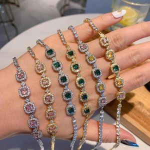 Link armbanden luxe prinses gesneden kubieke zirkonia armband roze/groen/geel zirkoon kristal voor vrouwen charme sieraden geschenken