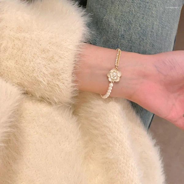 Pulseras de eslabones LW pulsera coreana de alta moda accesorios de joyería perla Camelia brazalete mujeres luz lujo nicho diseño exquisito