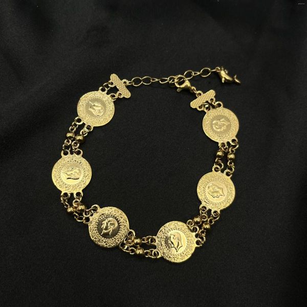 Pulseras de eslabones MANDI alta calidad 2023 seis monedas chapadas en oro pulsera precio al por mayor turco árabe brazalete de Color rápido para mujeres