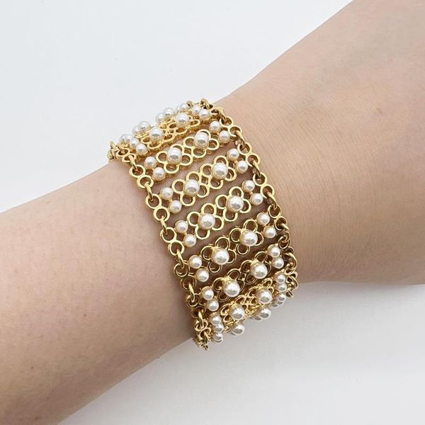 Pulseras de eslabones MANDI, pulsera de mujer ensanchada con incrustaciones de perlas, brazalete de estilo étnico musulmán chapado en oro que no se decolora, joyería de Oriente Medio