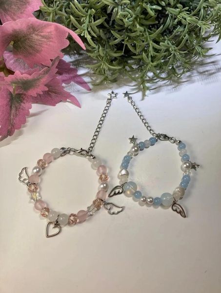 Pulseras de eslabones Pulsera de amistad Y2k a juego | Regalos de Navidad Kawaii de corazón de estrellas de ala azul y rosa