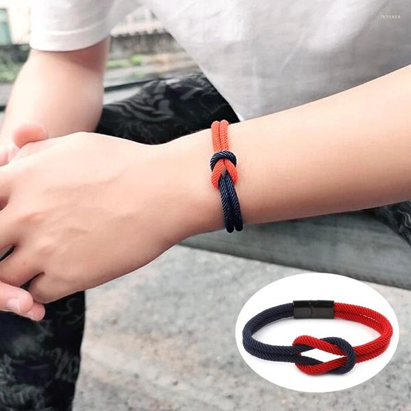 Bracelets à maillons pour hommes et femmes, corde nouée à Double couche, en acier inoxydable noir, fermoir à boucle magnétique, bijoux de Couple infini