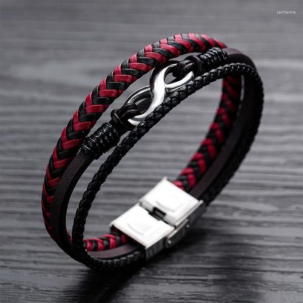 Bracelets à maillons pour hommes, en cuir rouge noir, multicouche tissé, bouton en acier titane, accessoires neutres, bijoux tissés à la main, cadeaux