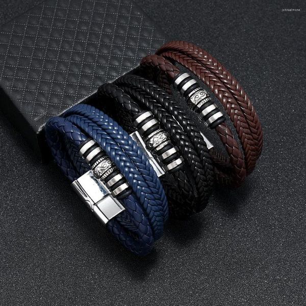 Bracelets à maillons en cuir fait à la main pour hommes, avec corde tissée multicouche, en acier inoxydable