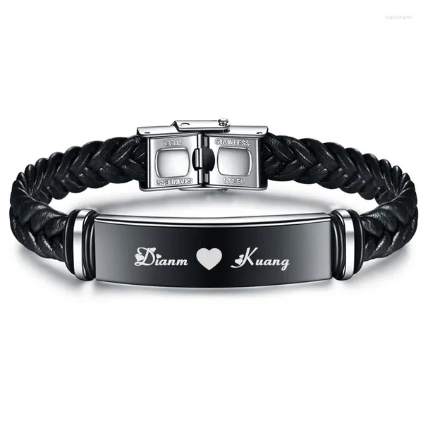 Bracelets à maillons Bracelet en cuir tissé à la main de luxe pour hommes Logo personnalisé nom en acier inoxydable femmes Punk bijoux cadeau aux amis du mari