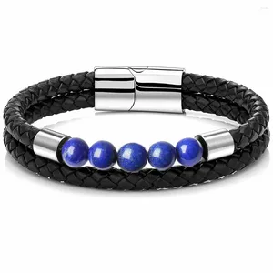 Bracelets de liaison hommes femmes lapis naturel lazuli Bracelet en pierre en cuir authentique en acier inoxydable fermoir bijoux de boucle pour cadeau de fête