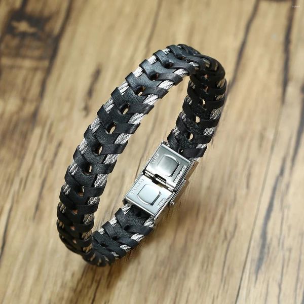 Pulseras de eslabones para hombre de cuero genuino negro de 13 mm de ancho trenzado de acero inoxidable elegante pulsera suave Pulseira Masculina