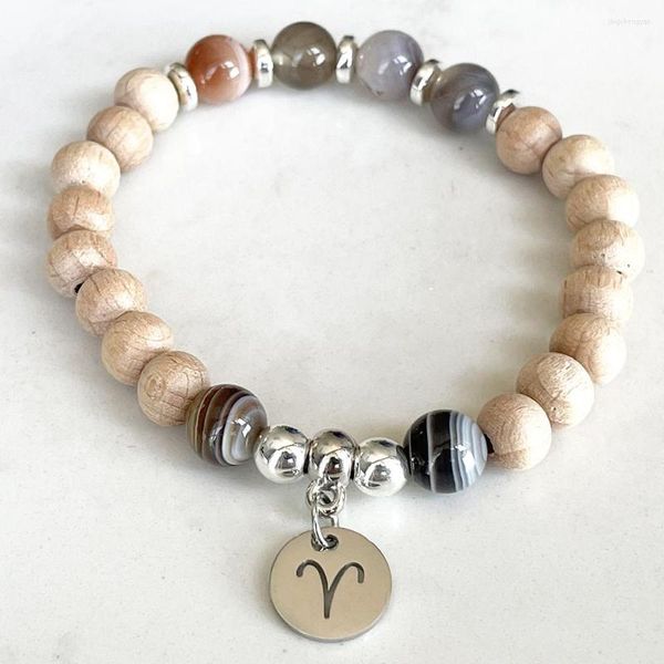 Pulseras de eslabones MG1736 Diseño Aries Pulsera del zodiaco para mujeres 8 MM Woodbaeds Botswana Ágata Chakra Muñeca Mala Joyas de piedras preciosas hechas a mano