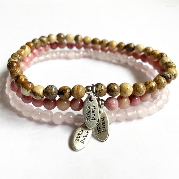 Bracelets à maillons MG1816 Design 4 MM Rose Quartz Photo Jasper Rhodonite Gemstone Bracelet Set Main Charme Poignet Malas