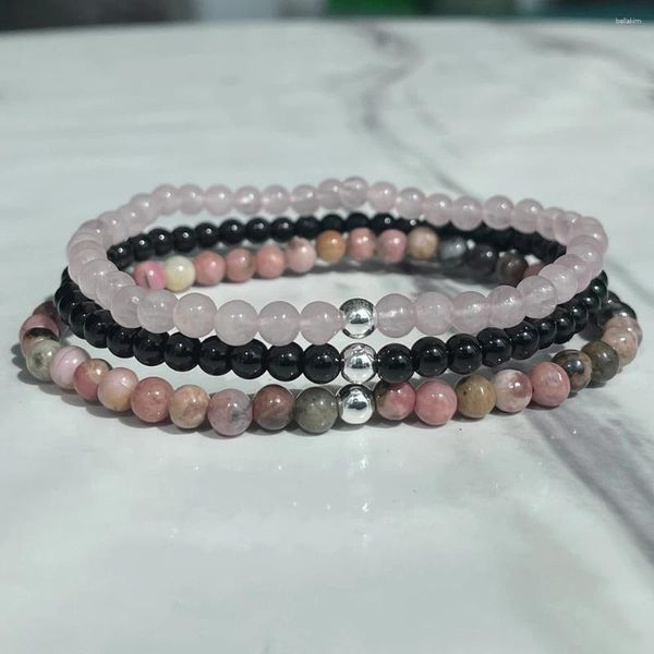 Pulseras de eslabones MG2023 4 mm Vena negra Rodonita Turmalina Rosa Cuarzo Pulsera Conjunto Mujer Mini Piedra preciosa Muñeca Mala Joyería