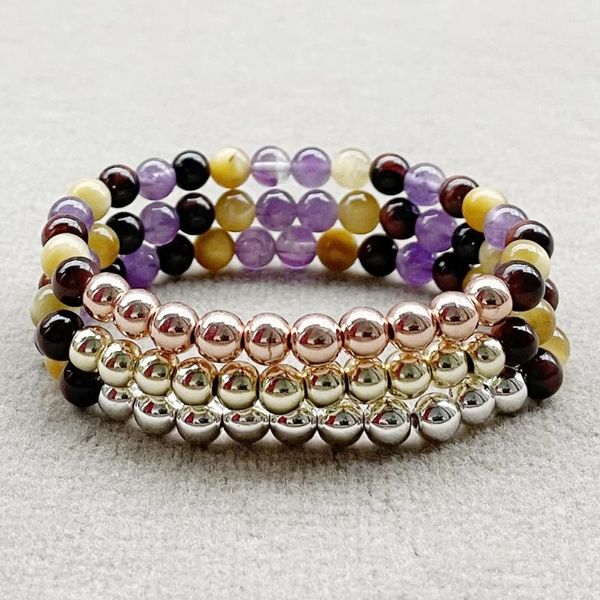 Pulseras de enlace MG2035 Diseño Natural 6 mm Ojo de tigre Pulsera de amatista Corona de alta calidad Pulsera de yoga hecha a mano Mala