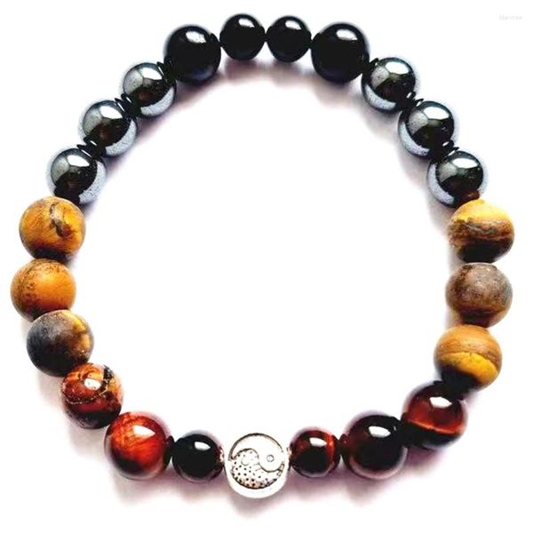 Bracelets de liaison MG2085 8 mm Red Tiger Eye Hematite Black Tourmaline Bracelet Womens Yinyang Charm Design Protection Energy Protection