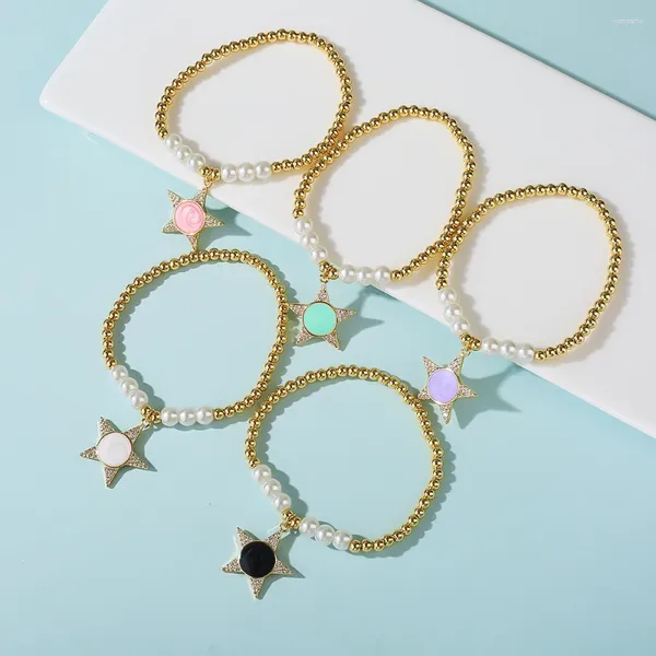Bracelets à maillons Micro huile incrustée univers mignon mode étoile pendentif perle femmes bracelet perlé plaqué or 18 carats en acier inoxydable cuivre