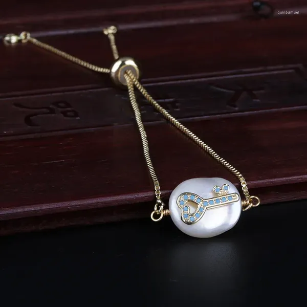 Pulseras de eslabones Mint Lake Blue Cz Tiny Heart Key Charm perlas de agua dulce dijes delicados para mujeres regalo de cumpleaños de boda
