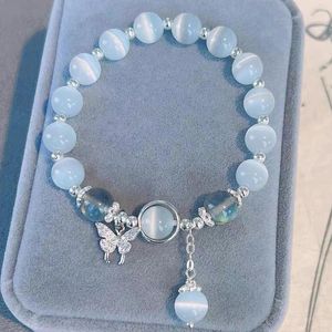 Bracelets à maillons Bracelet papillon en perles de clair de lune pour femmes, élastique en verre bleu de mer, tempérament personnalisé, bijoux à la mode 2024