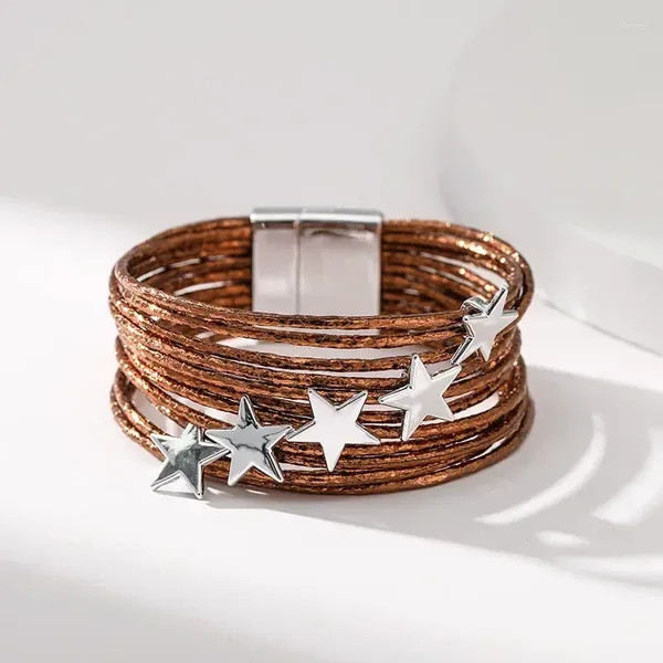 Bracelets à maillons multicouches en cuir Pu, bouton magnétique, Design cinq étoiles, bijoux de Style ethnique, manchette pour femmes