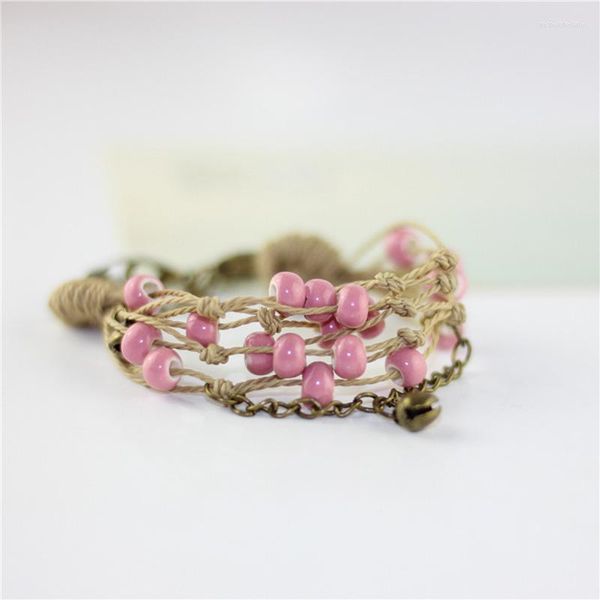 Bracelets à maillons multicouches en céramique colorée, perles rondes pour femmes et hommes, tissage de corde, chaîne de cloche, accessoires ethniques bohèmes