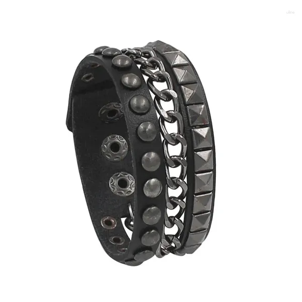 Pulseras de eslabones multicapas punk ancho pulsera de cuero picos de roca cadenas de remaches brazalete gótico joyería de moda para hombres