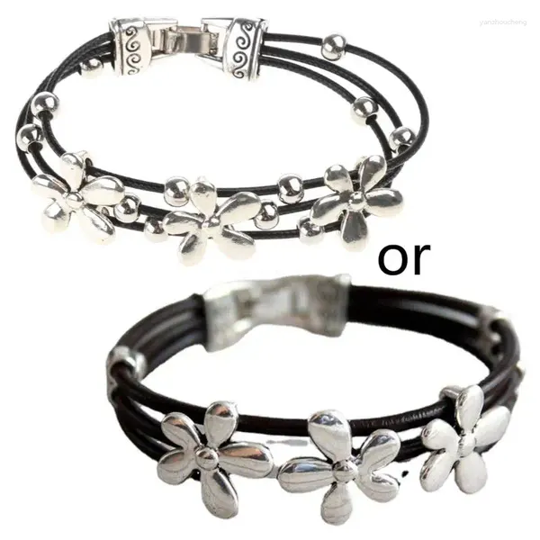 Bracelets de liaison multiples couches bracelet en cuir bracelet flor