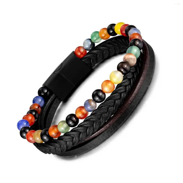 Pulseras de enlace Ágata natural con cuentas Tendencia de moda tejida a mano Pulsera de cuero multicapa para hombres Mujeres 13 mm 8 pulgadas